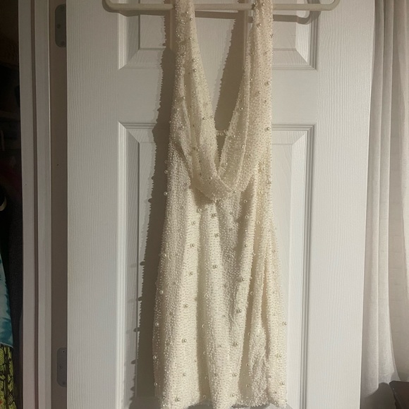 Oh Polly Dresses & Skirts - Oh Polly deep plunged embellished mini dress in white